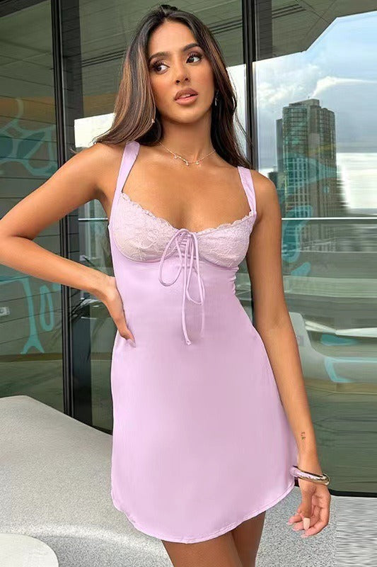 Lace Panel Tie Front Keyhole Square Neck Mini Dress