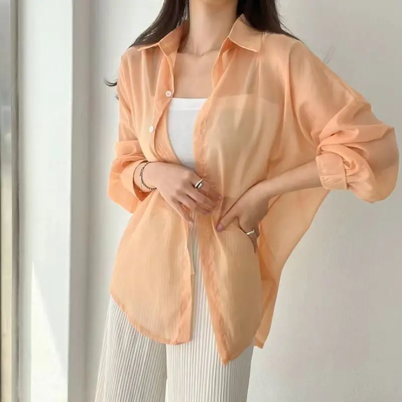 Perspective Shirts Women Sheer Thin Chic Summer Simple Solid Sun-proof Top Fashion Blouse Baggy All-match Basic Korean Clothing