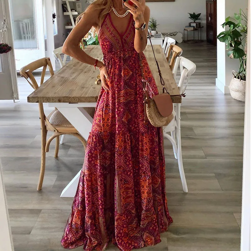 2025 Spaghetti Strap Dresses For Women Vintage Printed Bohemian Style Beach Dress Fashion Sexy V-neck Lady Maxi A-line Vestidos