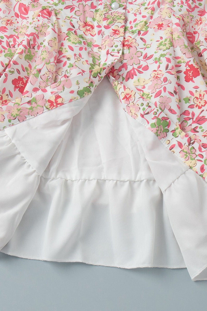 Floral Peter Pan Collar Puff Sleeve Button Front Layered Hem Fit and Flare Mini Dress