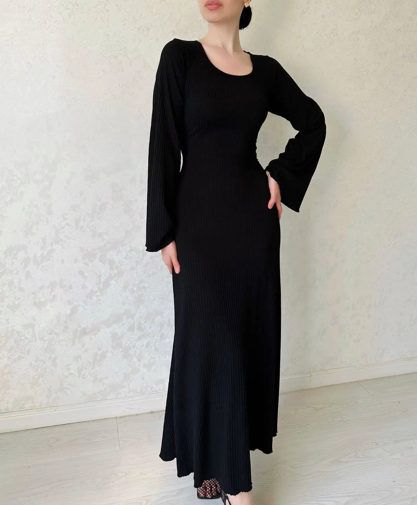 Ootddress Black Ribbed Fashion Maxi Dress For Women Loose Slim High Waist Casual Elegant Long Sleeve Party Dress Female Autumn Dress
