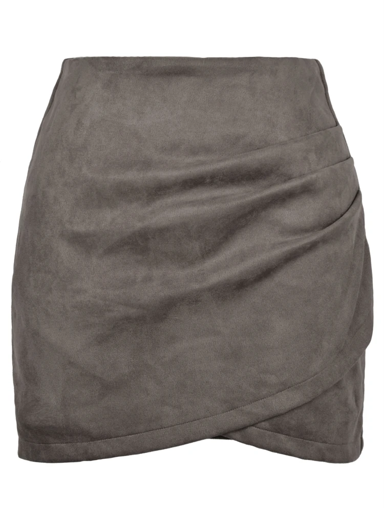 Ootddress Womens Faux Suede Skirt Official Ladies A-Line Mini Pencil Skirt For Women High Waist Classic Wrap Front Slit Skirts 2025