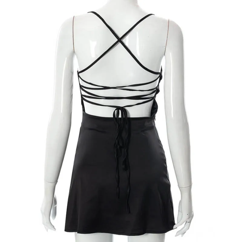 Ootddress New Spaghetti Straps Mini Satin Dress Women 2025 Summer Backless Low Cut Sexy Dresses Ladies Club Wear Party Sundresses