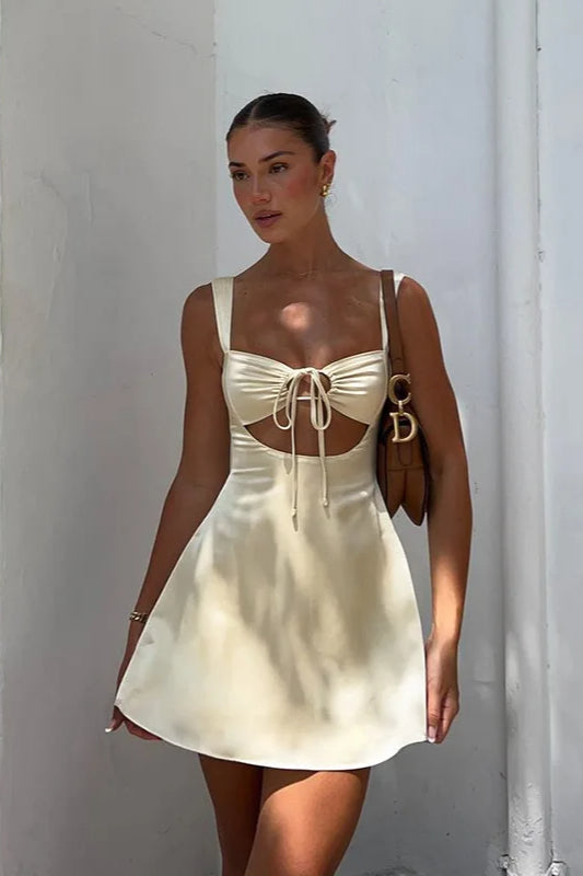 Square Neck Ruched Bust Cutout Tie Front Satin A-Line Mini Dress