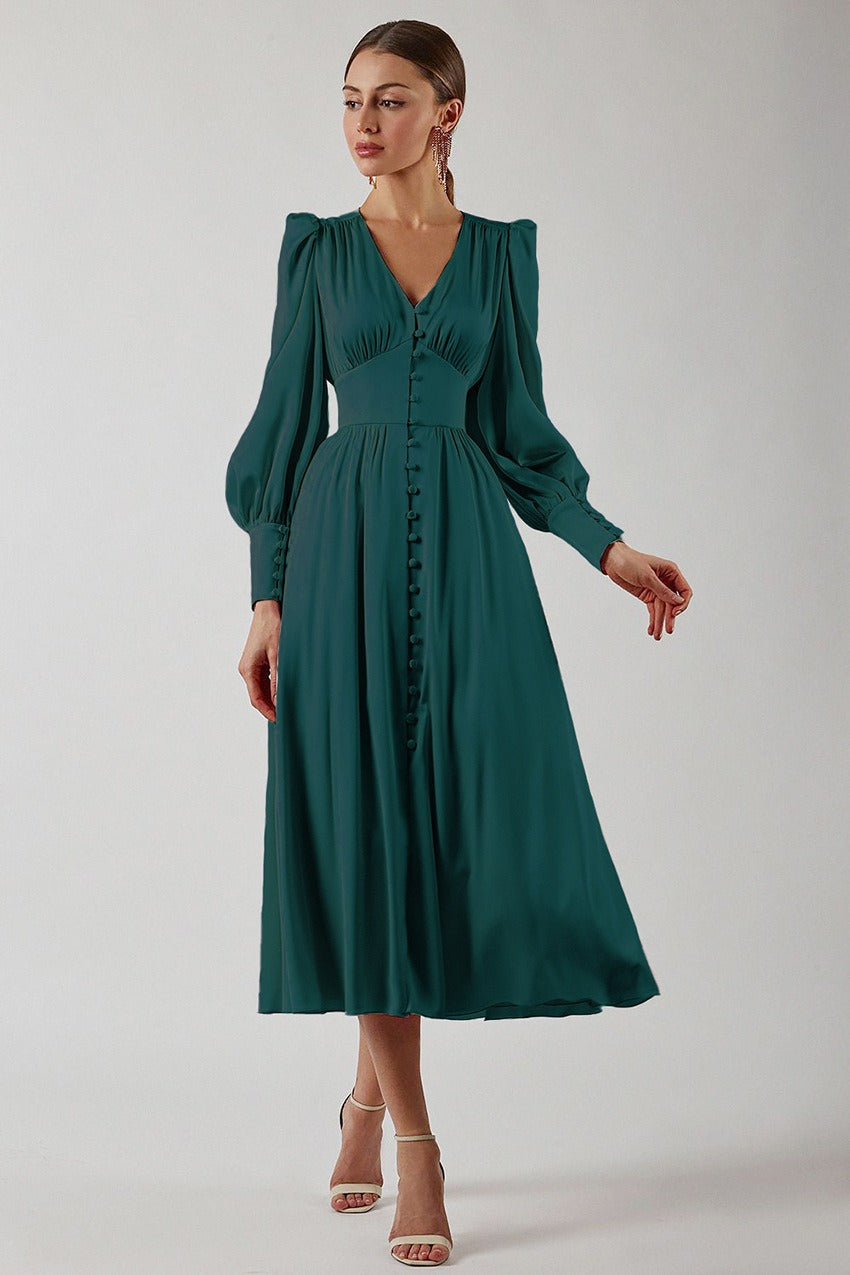 Deep V-Neck Lantern Sleeve Button Front Cinched Waist Satin Midi Dress