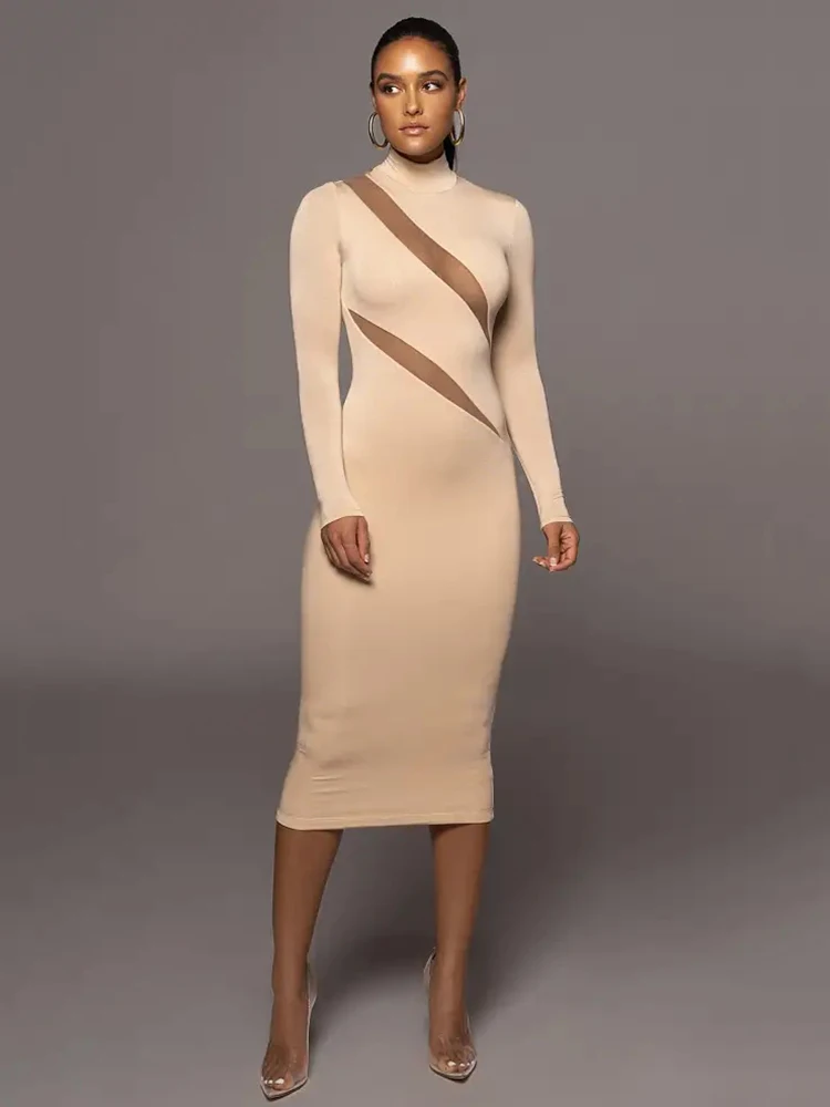 Ootddress Autumn/Winter Long Sleeve Mesh Patchwork Dress Women's Perspective Bodycon Midi Dress Female Elegant Party Evening Dress