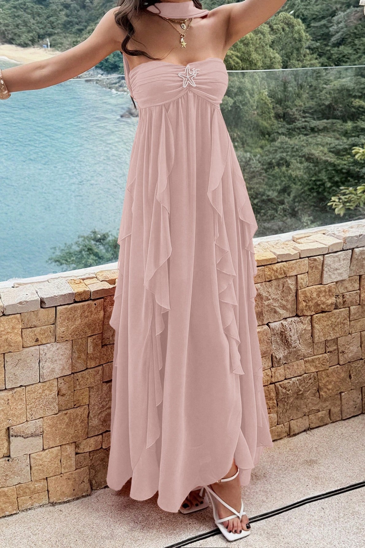 Strapless Starfish Detail Tiered Ruffle Chiffon Maxi Dress