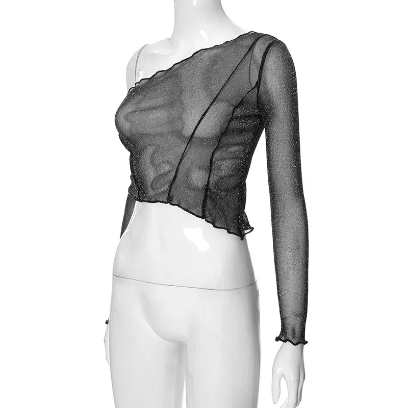 Ootddress Sheer Mesh Crop Top Tee Summer See-Through Streetwear One-Shoulder Tops For Women Slim Cropped Mesh Lace Black T-Shirt
