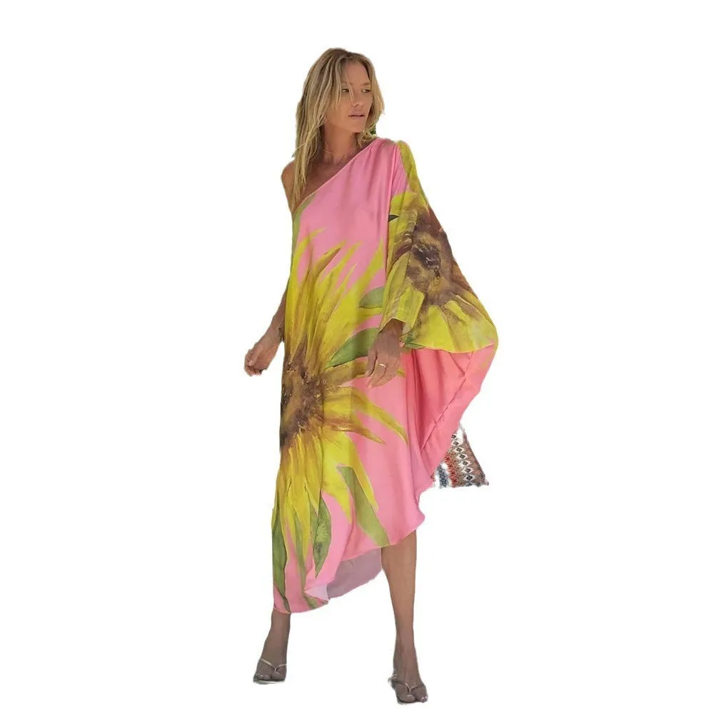 Color Butterfly Print One Shoulder Sleeve Dresses Women Sexy Off Shoulder Loose Beach Vacation Irregular Long Dress Streetwear 22 undefined