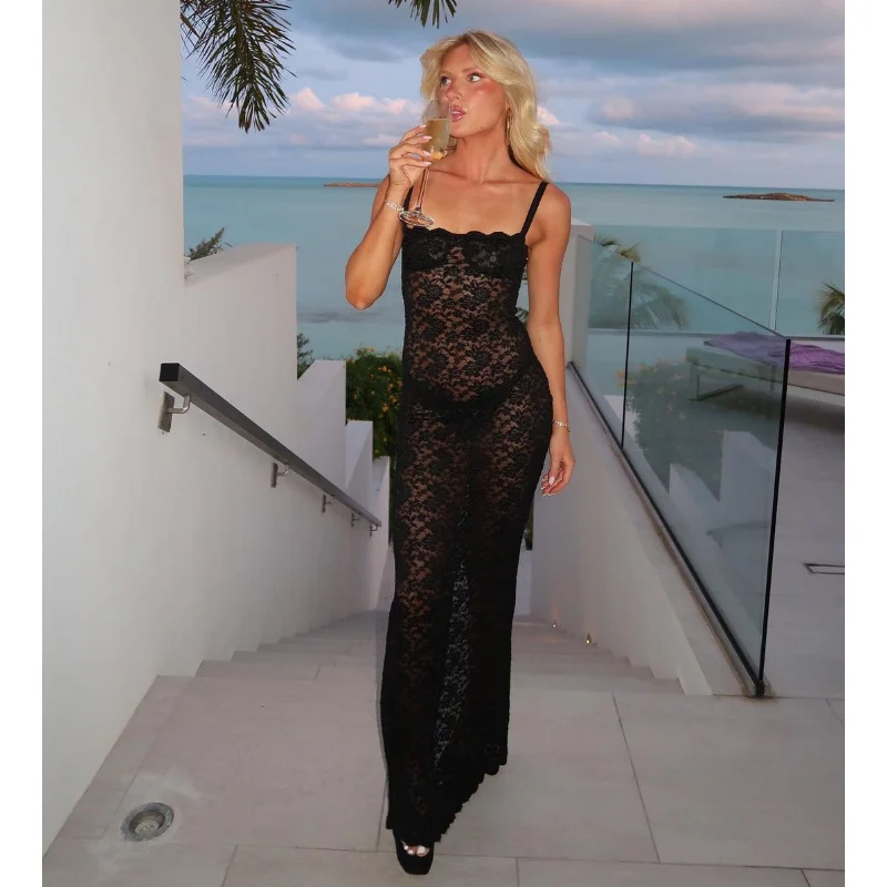 Ootddress Lace Black Dress Female Slim Hollow Out Spaghetti Backless Dress Elegant Party Evening Gown Split Women Maxi Dress Summer