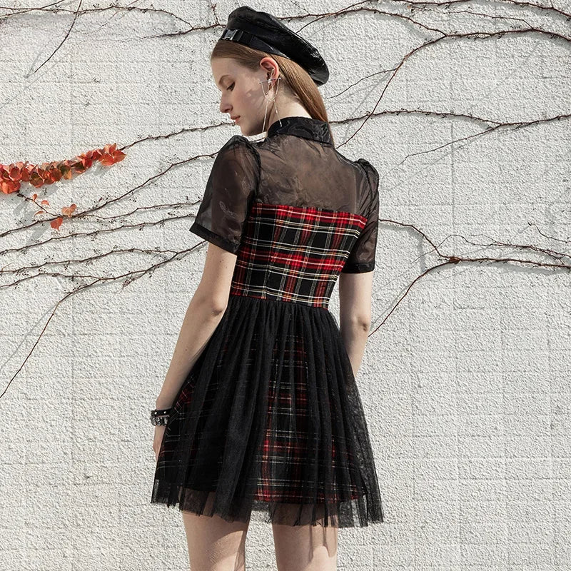 Plaid Pointed Collar Keyhole Puff Sleeve Layered Tulle Fit-and-Flare Mini Dress