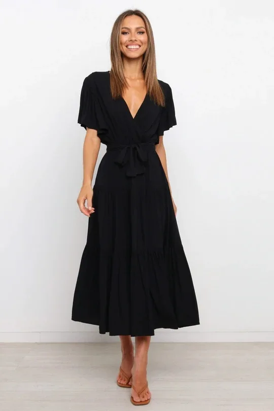 Trendy Solid Color Ruffles Long Dresses Women Sexy V-neck Ruffle Sleeves Leace-up Temperament Elegant Lady Dress 2025 Summer New 18 undefined