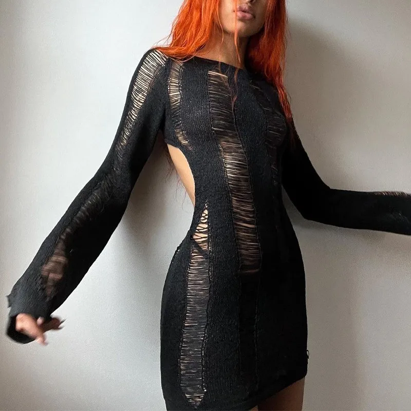 Ootddress Sexy Sheer Knitted Dress Women Bodycon Long Sleeve Hollow Out Mini Dresses Femme Club Sexy Backless Knitwear Dress Womens