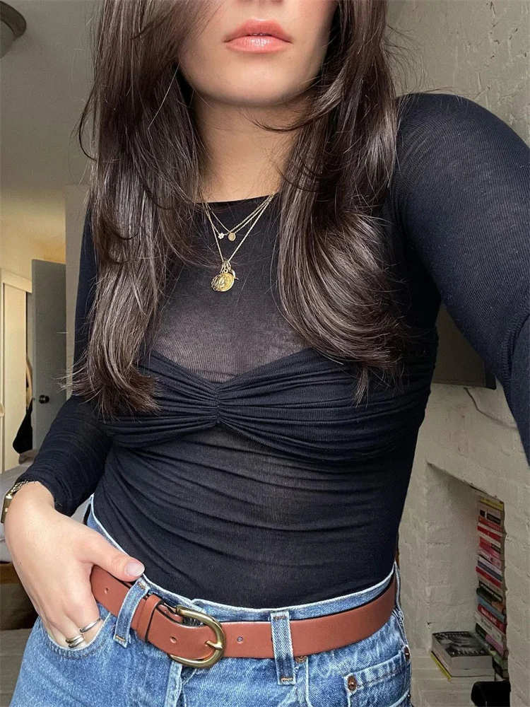 Ootddress Off Shoulder Knit Sheer Tops For Women Summer White Lace Twist T-Shirt Femme Long Sleeve Mesh Tops See-Through Knitted