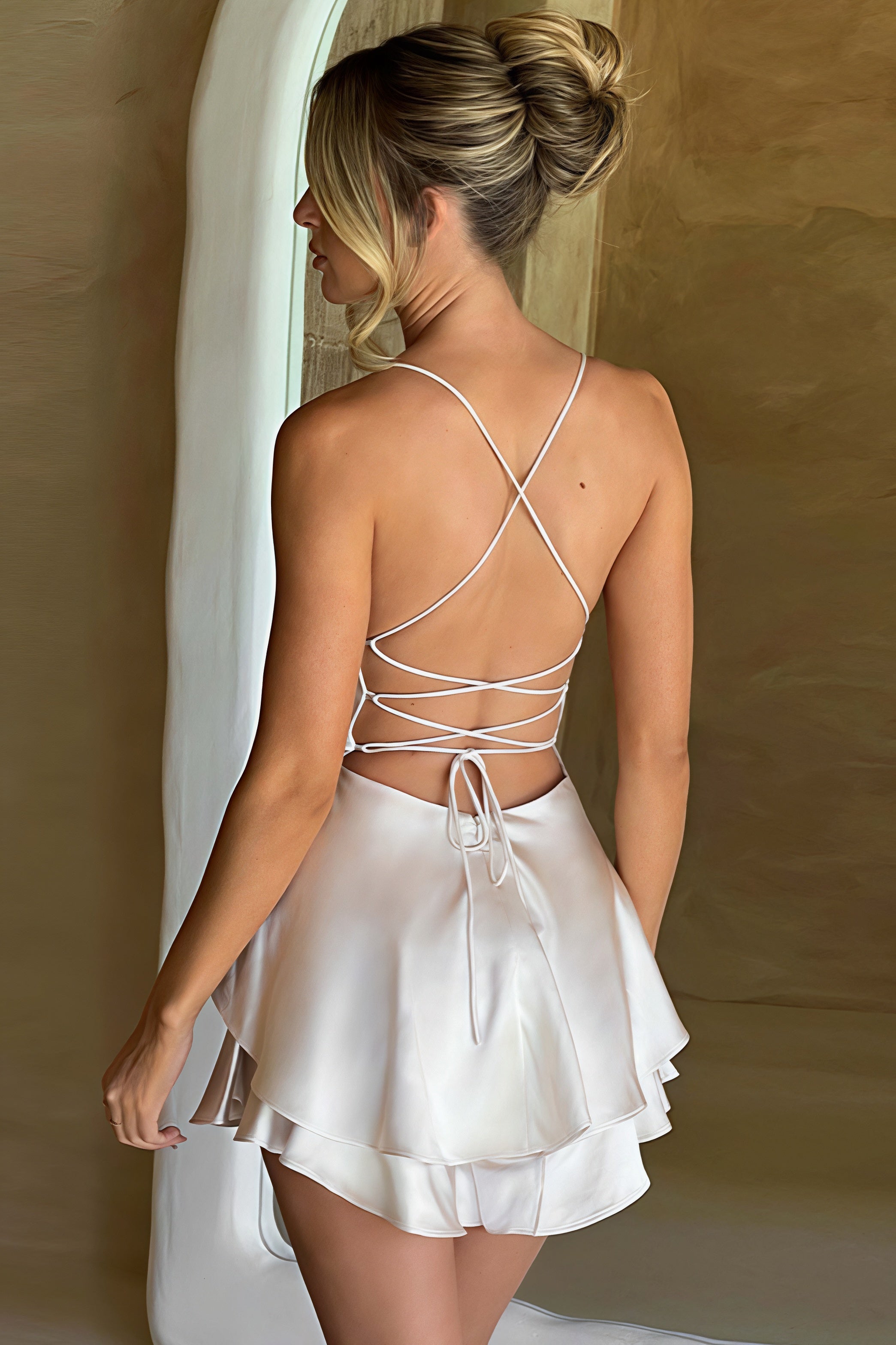Satin Cowl Neck Spaghetti Strap Tiered Ruffle Hem Cami Mini Dress