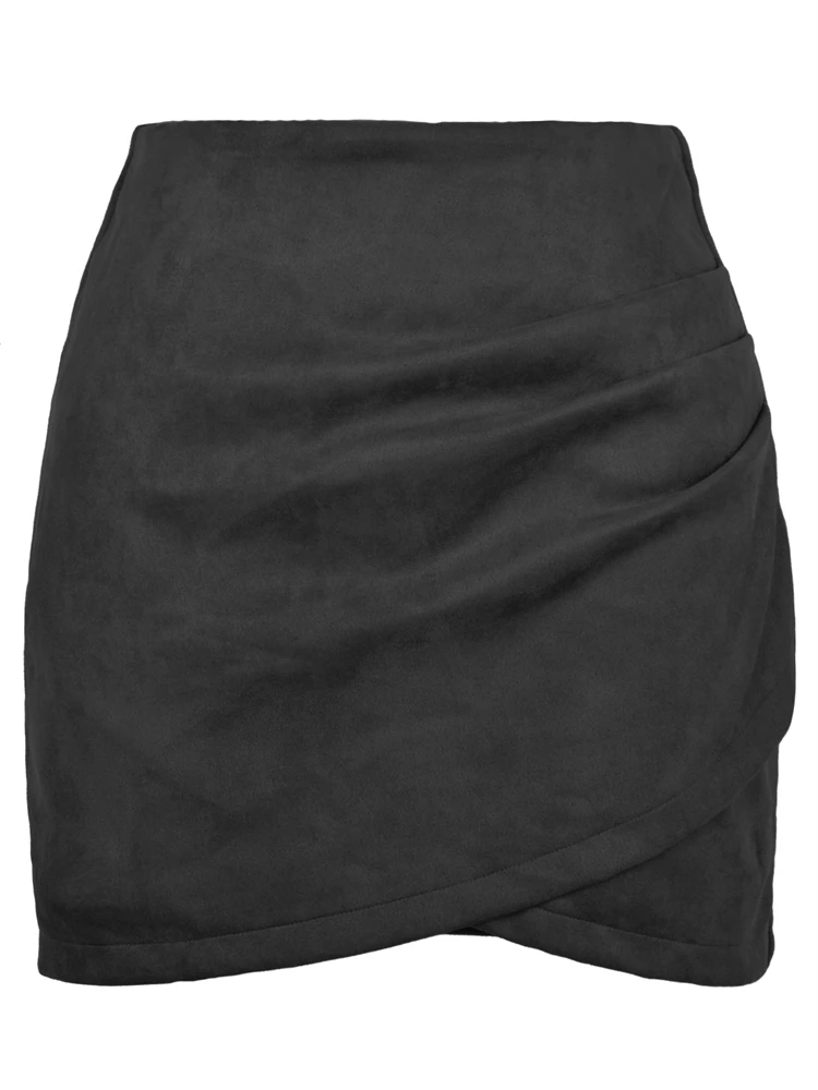 Ootddress Womens Faux Suede Skirt Official Ladies A-Line Mini Pencil Skirt For Women High Waist Classic Wrap Front Slit Skirts 2025