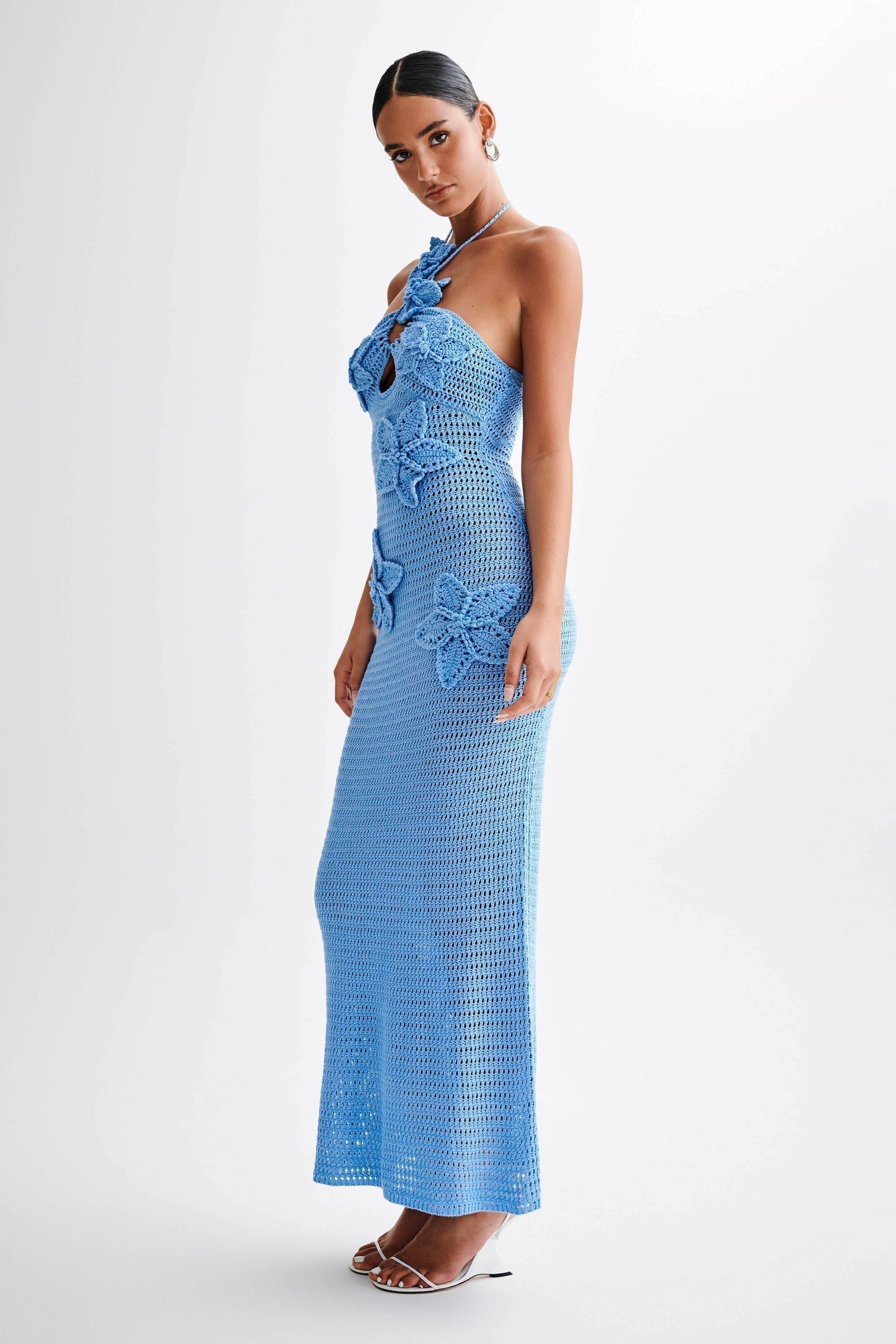 Crochet Floral Appliqué Asymmetric Halter Keyhole Cutout Bodycon Midi Dress