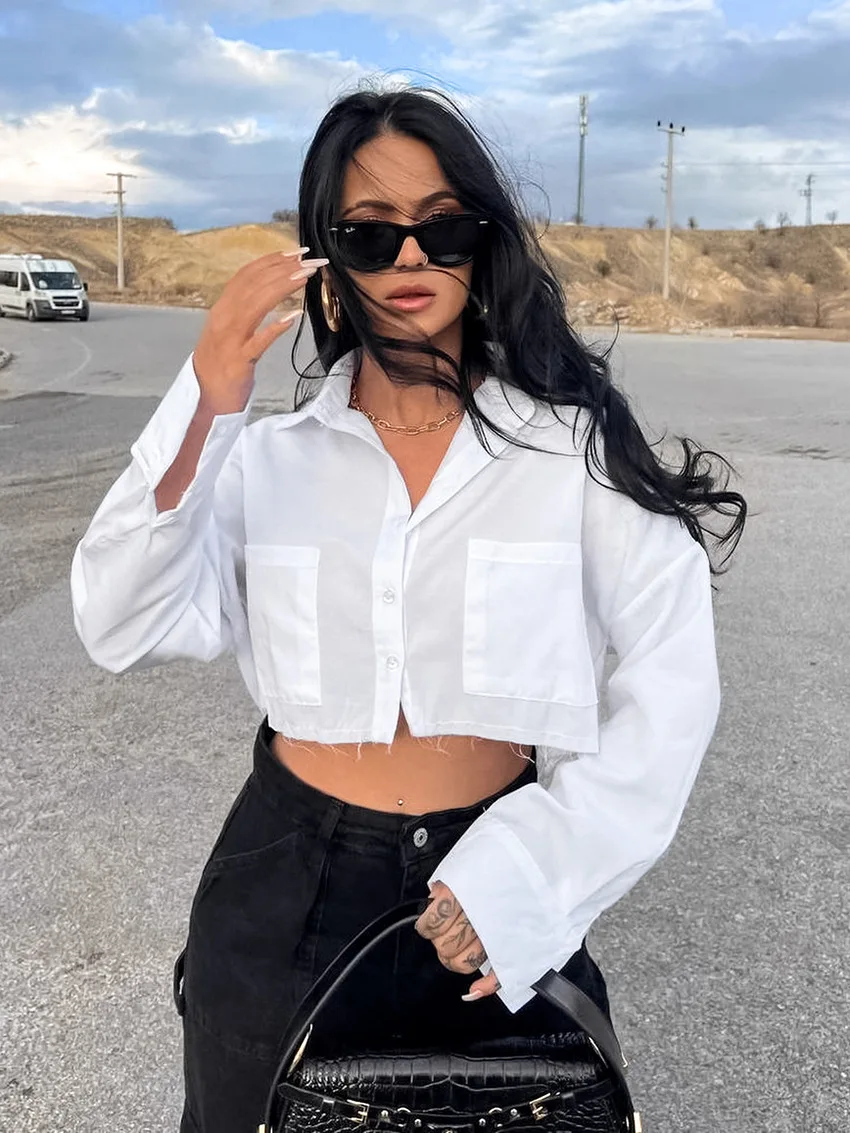 Ootddress Lapel Pocket Casual Shirts For Women Long Sleeve Loose Patchwork Crop top Y2k Outfit Solid High Street Cardigan Blouse
