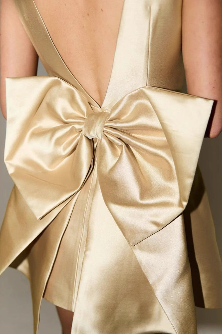 Square Neck Sleeveless Structured Satin Bow Back A-Line Mini Dress