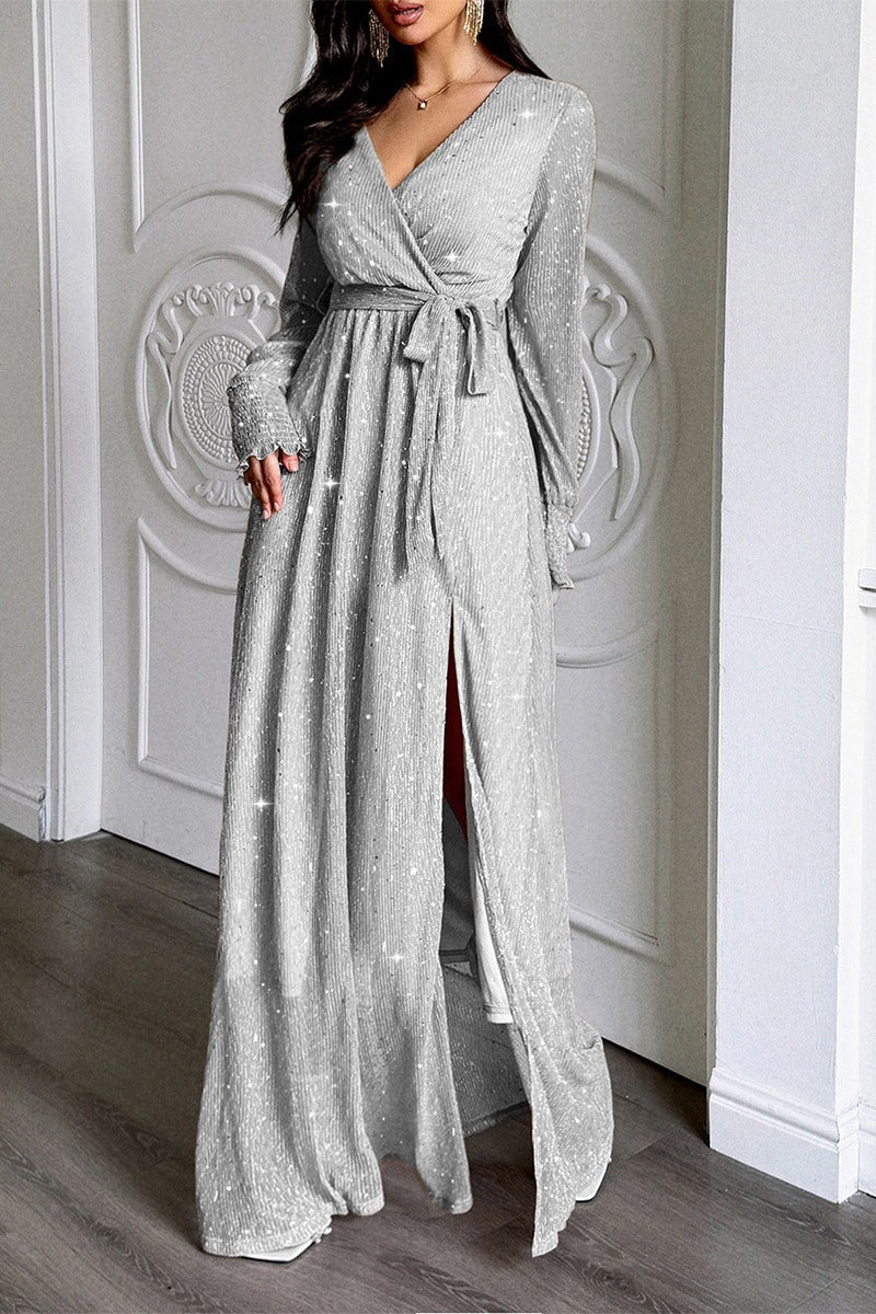 Plisse Long Sleeve Wrap Tie Waist High Slit Maxi Dress