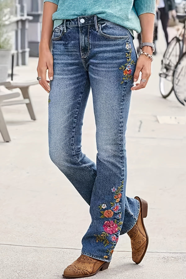3D Floral Print Pocket Casual Jeans