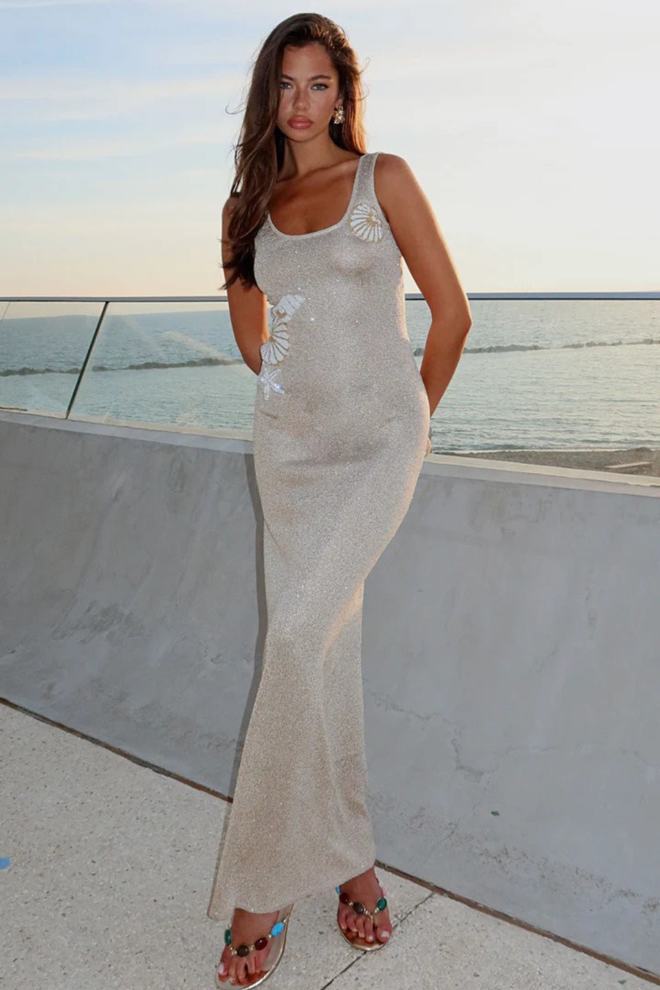 Scoop Neck Shell Starfish Beaded Applique Shimmer Rib Knit Bodycon Dress