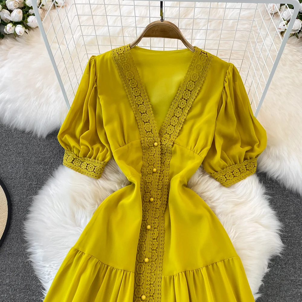 New Women Vintage Party Dress Summer Puff Sleeve Sexy V Neck Lace Single-breasted Long Dresses Ladies A Line Elegant Long Robe 24 New Women Vintage Party Dress Summer Puff Sleeve Sexy V Neck Lace Single-breasted Long Dresses Ladies A Line Elegant Long Robe
