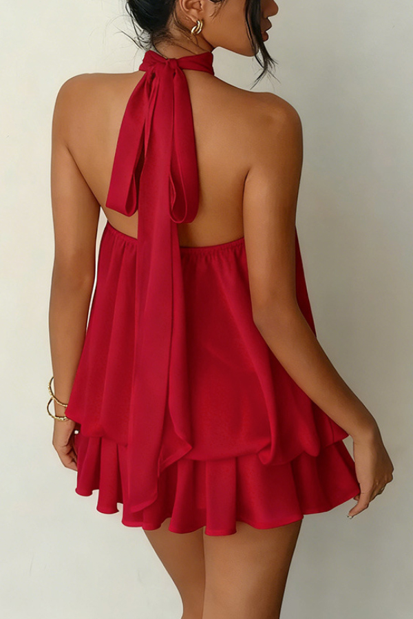 Fashionable Chiffon Halter Neck Backless Lace-up Casual Vacation Mini Dress