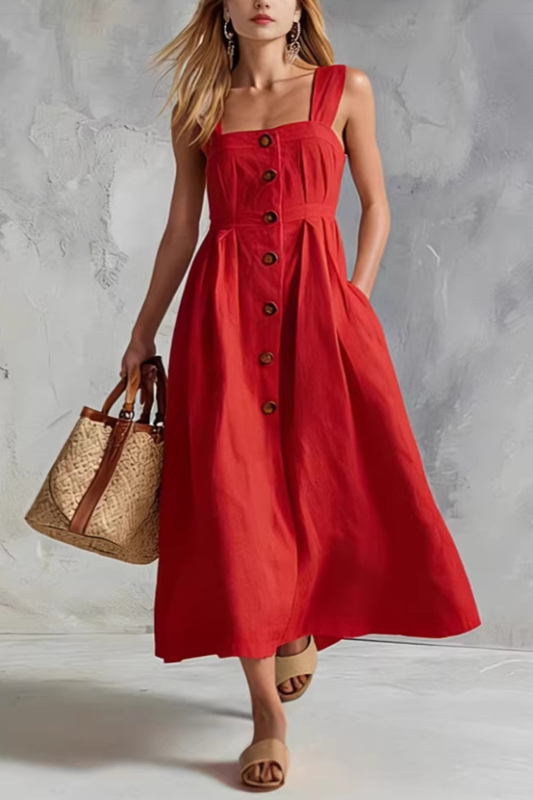 Linen Blend Solid Color Square Neck Sleeveless Button Casual Maxi Dress