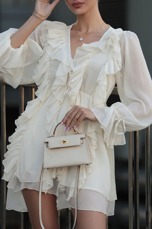 Cascading Ruffle V Neck Bishop Sleeve Tie Cuff Chiffon Mini Dress