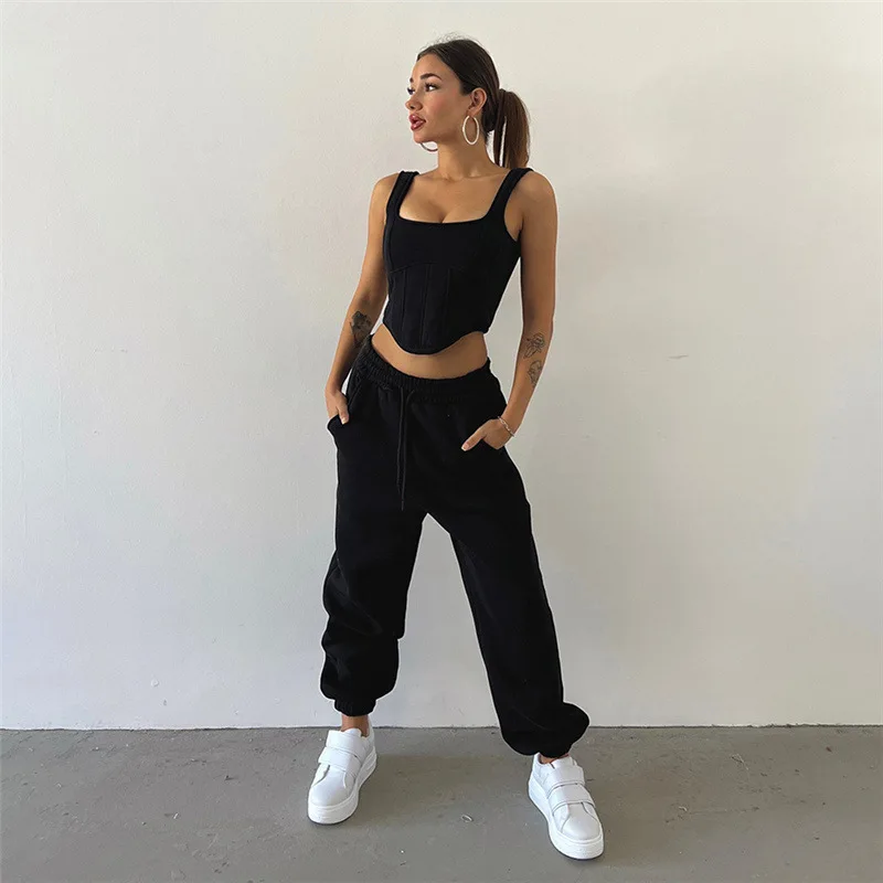 Ootddress Lace Up Pants Sets Women Slim Solid Splice Tank Tops Woman Long Sleeve Short Hoodies And Pant Suits Women Outfits Winter