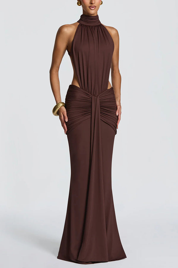 Thekla Stretch Slinky Jersey High Neck Ruched Backless Drape Maxi Dress