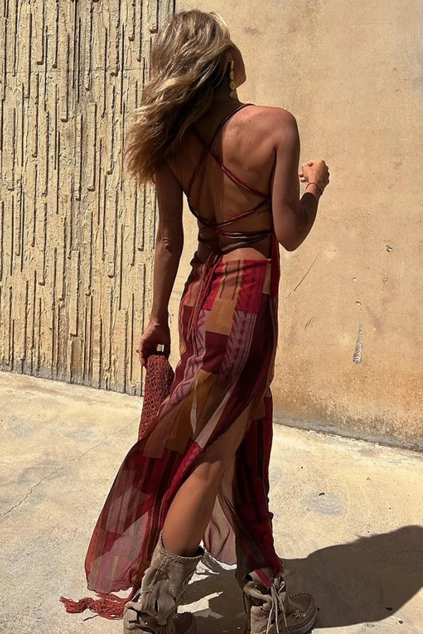 Baroque Print Lace Up Cross Back Halter High Split Maxi Two-Piece Set