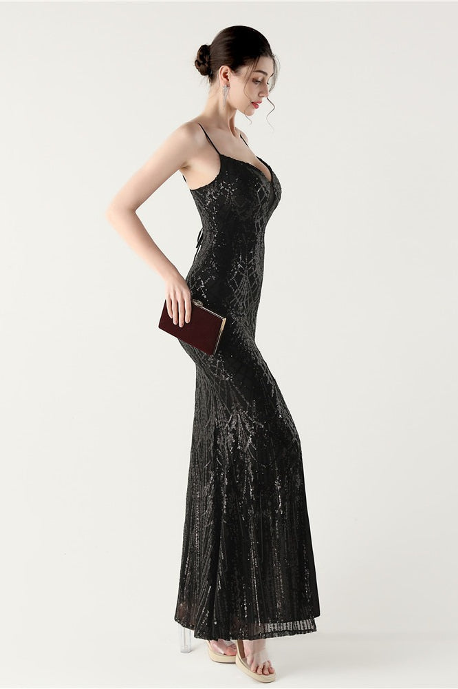 Sequin V-Neck Cross Strap Mermaid Maxi Dress