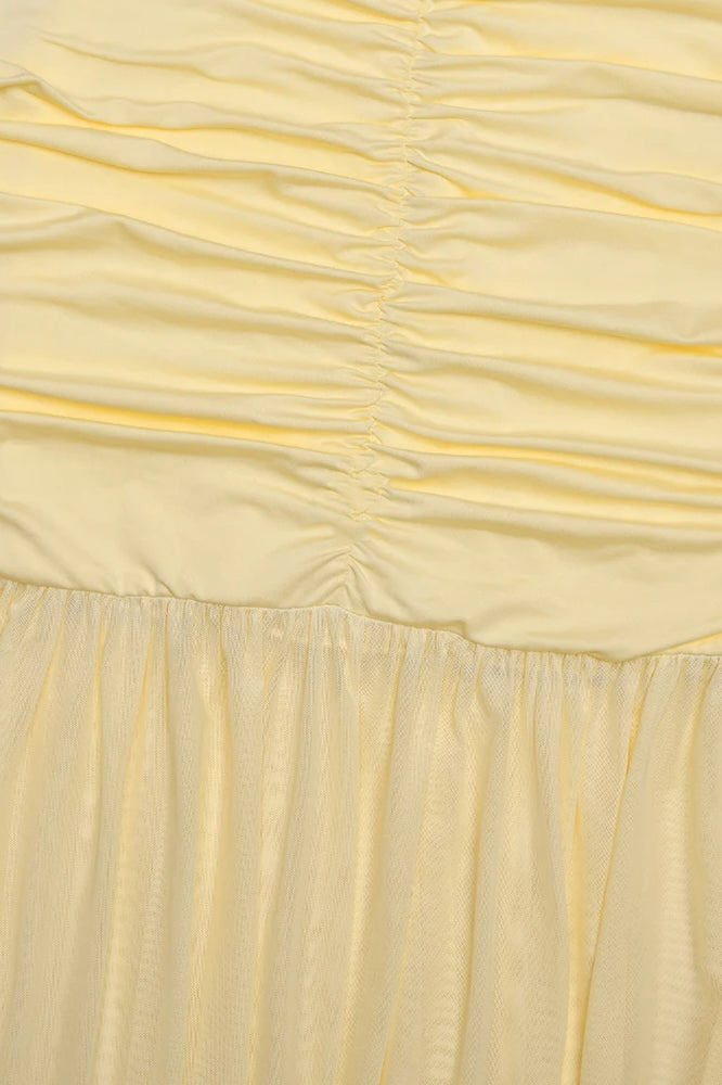 Deep V-Neck Spaghetti Strap Ruched Sheer Mesh Skirt Maxi Dress