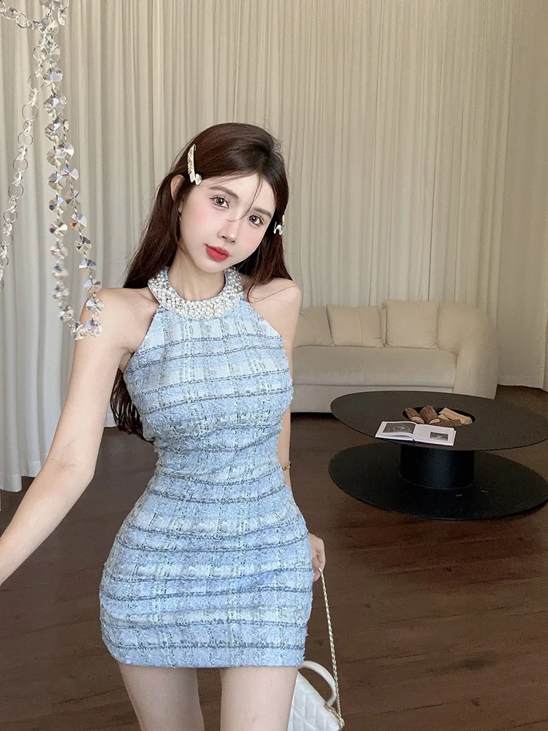 Sexy Halter Mini Dress Women Sleeveless Rhinestone Patchwork Shiny Slim Fashion Backless Evening Party Dresses Club Prom Vestido