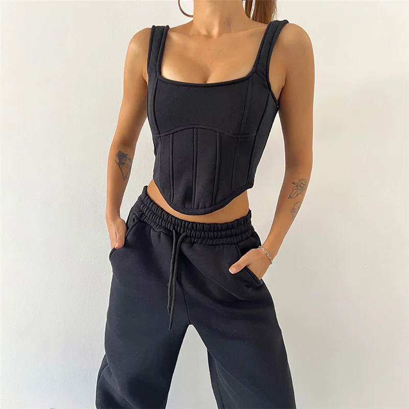 Ootddress Lace Up Pants Sets Women Slim Solid Splice Tank Tops Woman Long Sleeve Short Hoodies And Pant Suits Women Outfits Winter
