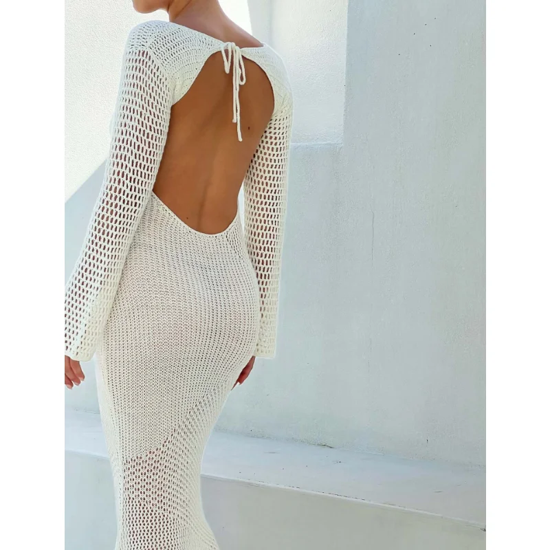 Ootddress Hollow Out Knit See-Through Maxi Dress Female Patchwork Backless Lace-Up Slim Fashion Beach Holiday Knitwear Women Dress 8 Ootddress Hollow Out Knit See-Through Maxi Dress Female Patchwork Backless Lace-Up Slim Fashion Beach Holiday Knitwear Women Dress