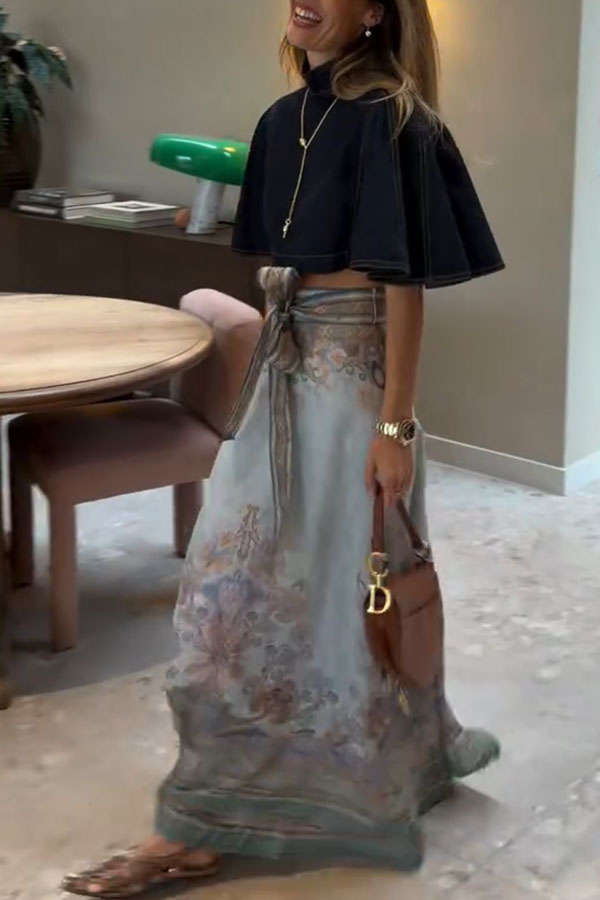 Next Vacation Denim Mock Neck Short Flutter Sleeves Crop Top