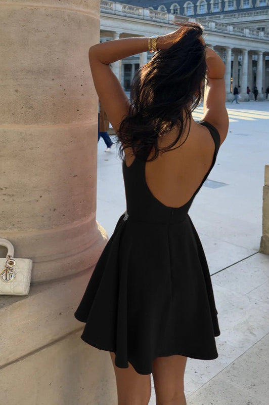 Boat Neck Sleeveless Pleated Fit and Flare Skater Mini Dress