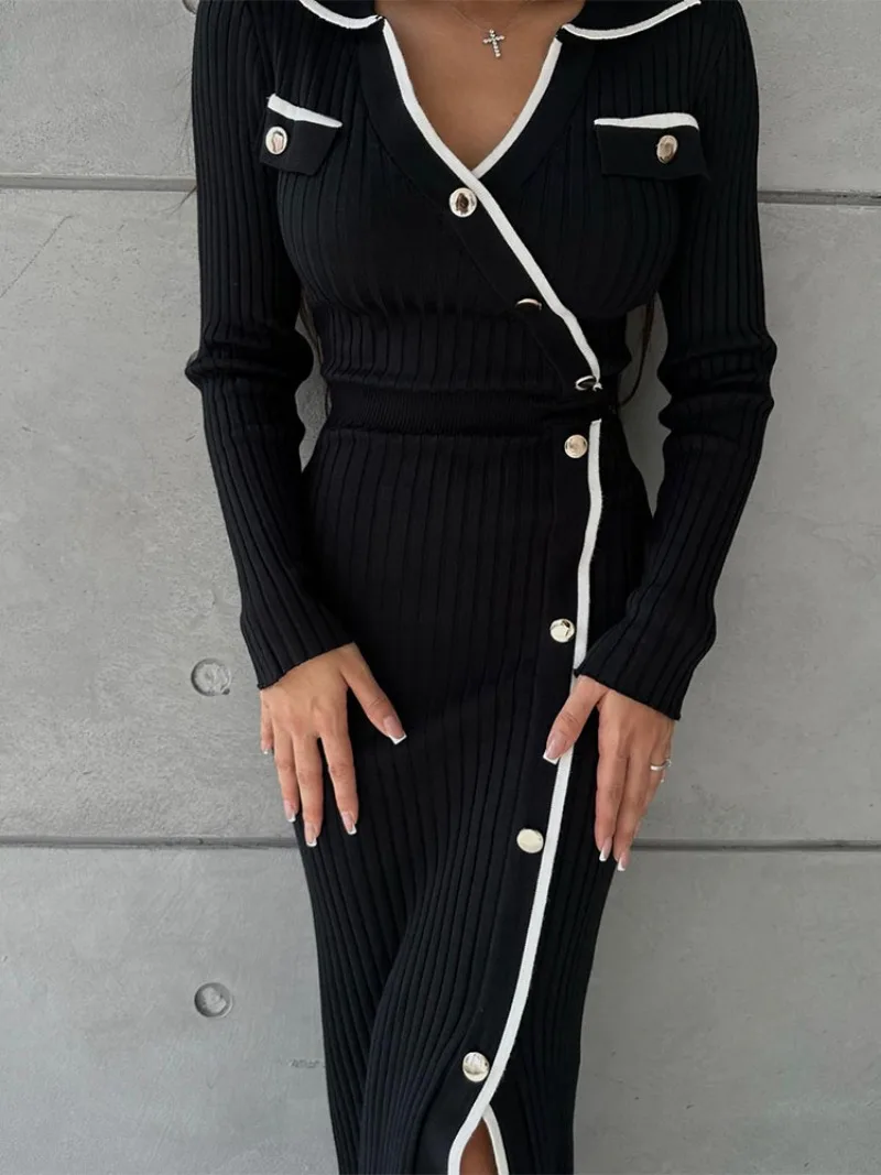 Ootddress Side Slit Maxi Dresses For Women Knitted Slim Bodycon Dress Women's Holiday Casual Party Temperament Evening Dress Woman