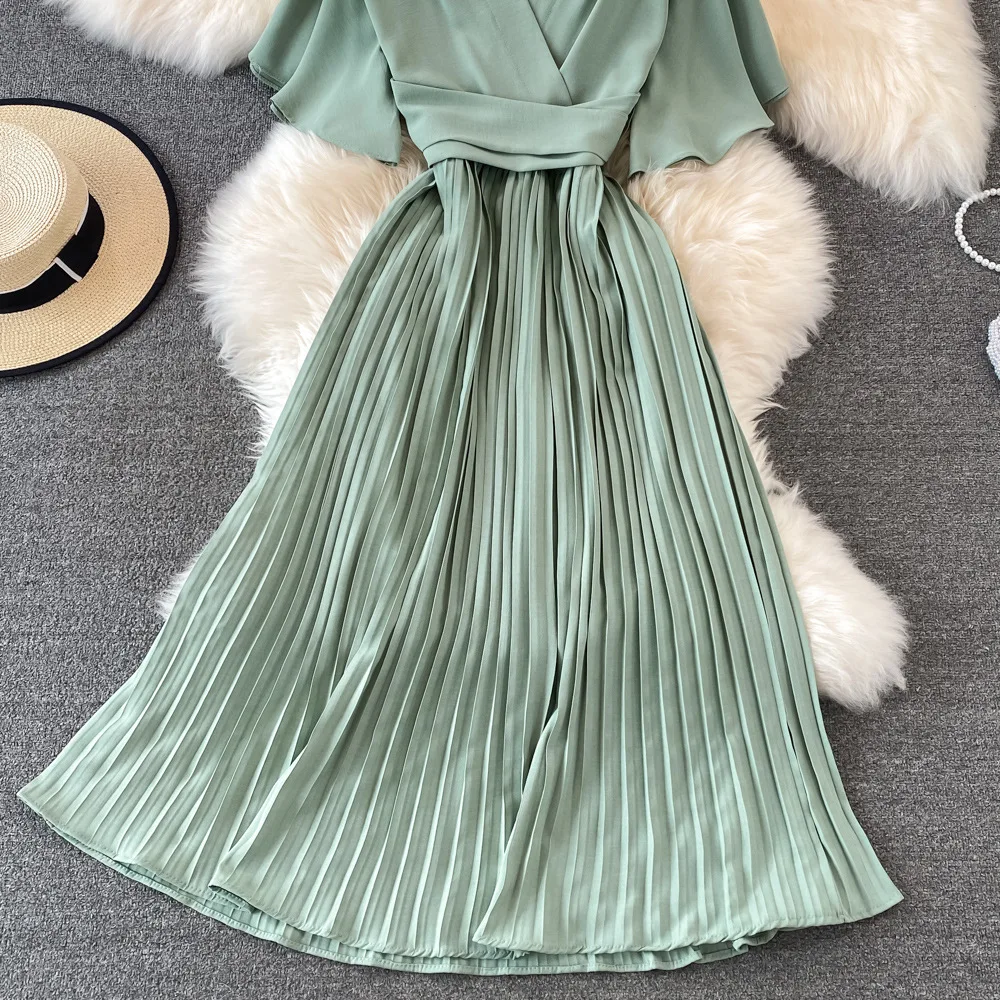 Women Elegant Pleated Dress Summer Short Sleeve V-neck Vintage Dresses Ladies A Line High Waisted Midi Dress