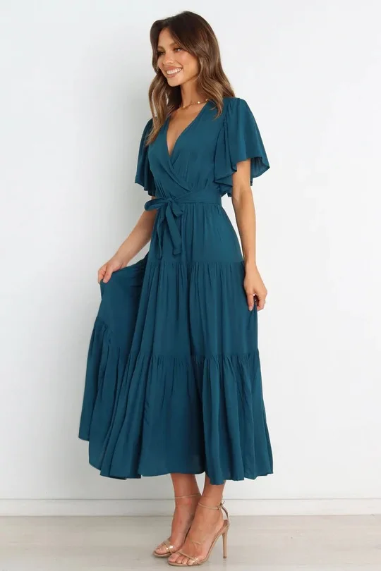 Trendy Solid Color Ruffles Long Dresses Women Sexy V-neck Ruffle Sleeves Leace-up Temperament Elegant Lady Dress 2025 Summer New 24 undefined