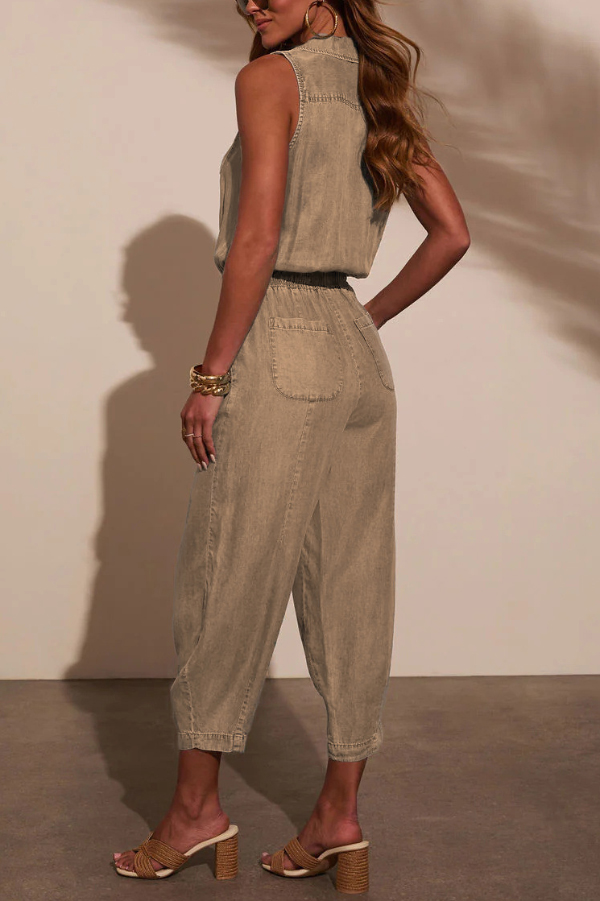Stylish Collared Sleeveless Elastic Waist Tie Casual Pocket Denim Jumpsuit