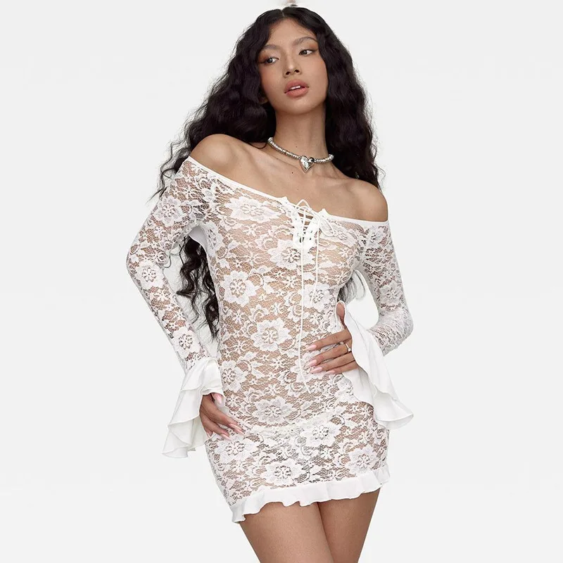 Fantoye Sexy See Through Lace Women Dress White Off Shoulder Flare Sleeve Dress Female Spring Slim Elegant Party Streetwear 2025