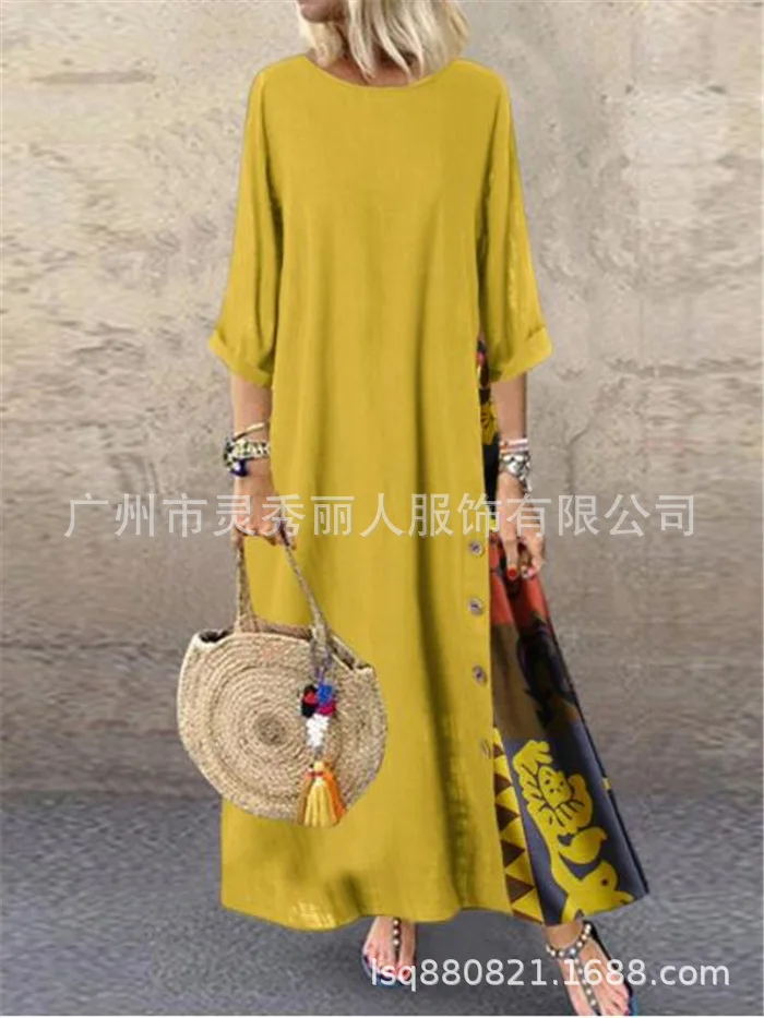 Cotton Linen Vintage Long Dresses Women Three Quarter Sleeves Splicing Print Loose A-line Dress Fashion Casual Lady Maxi Vestido 17 undefined