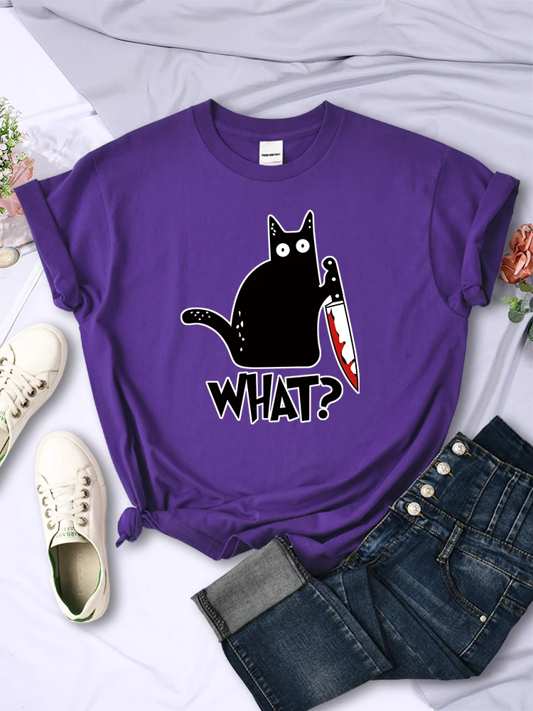 Kitchen Knife Black Cat Wha? Print Female Short Sleeve Fashion Breathable T-Shirts Summer Cool Tee Clothes Street Hip Hop Tops