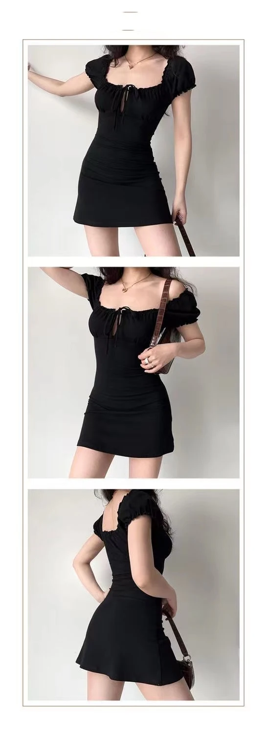 Summer Sexy Mini Dress Women Short Sleeved Lace up Hollow Casual Backless Folds Bodycon Black Dress Party Elegant A-LINE Dresses