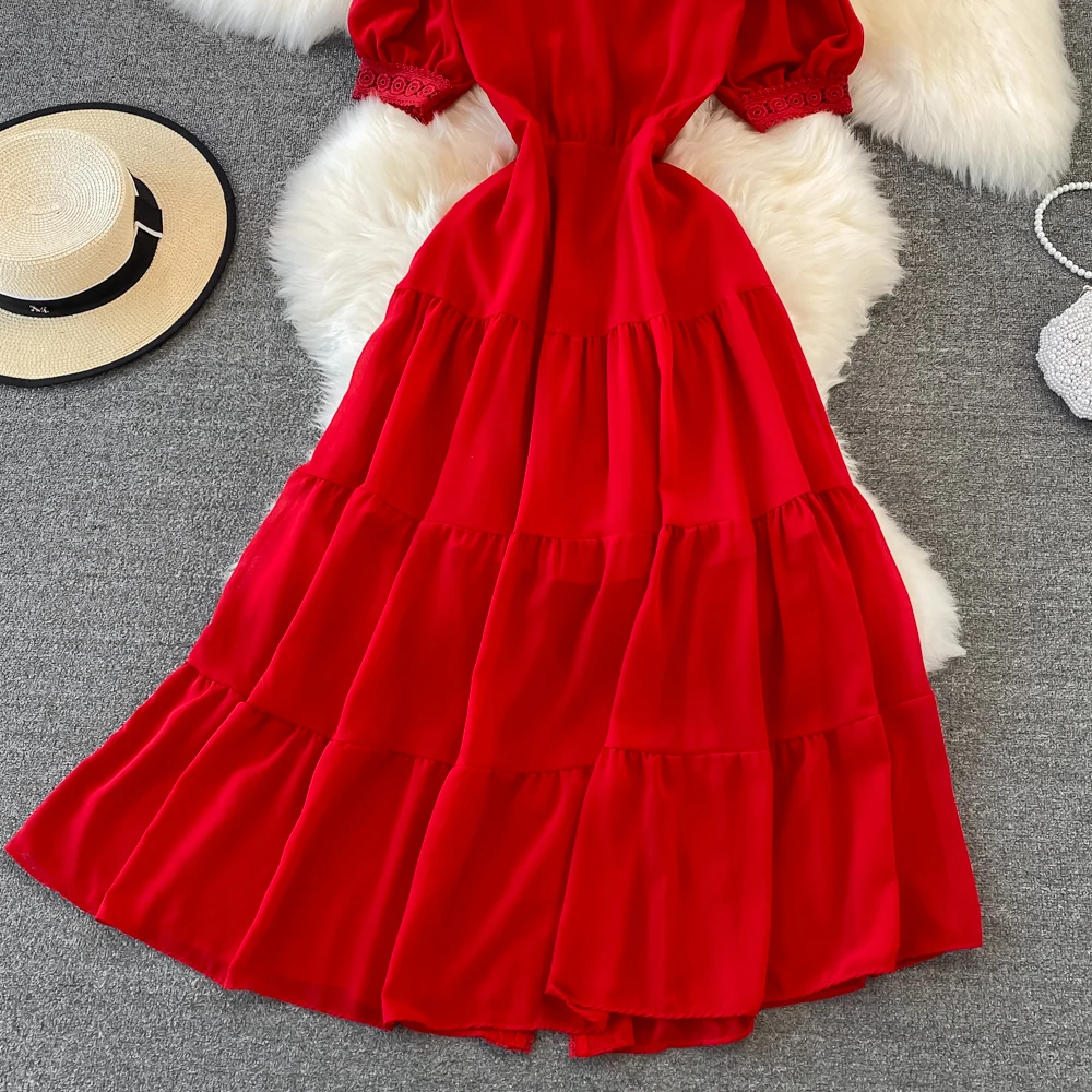 New Women Vintage Party Dress Summer Puff Sleeve Sexy V Neck Lace Single-breasted Long Dresses Ladies A Line Elegant Long Robe 19 New Women Vintage Party Dress Summer Puff Sleeve Sexy V Neck Lace Single-breasted Long Dresses Ladies A Line Elegant Long Robe