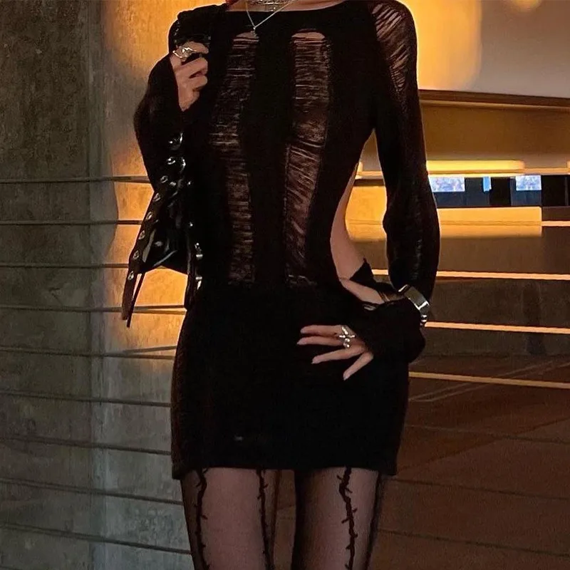 Ootddress Sexy Sheer Knitted Dress Women Bodycon Long Sleeve Hollow Out Mini Dresses Femme Club Sexy Backless Knitwear Dress Womens